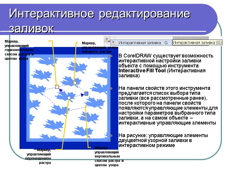 Интерактивное редактирование заливок В CorelDRAW существует возможность интерактивной настройки заливки объекта с помощью инструмента